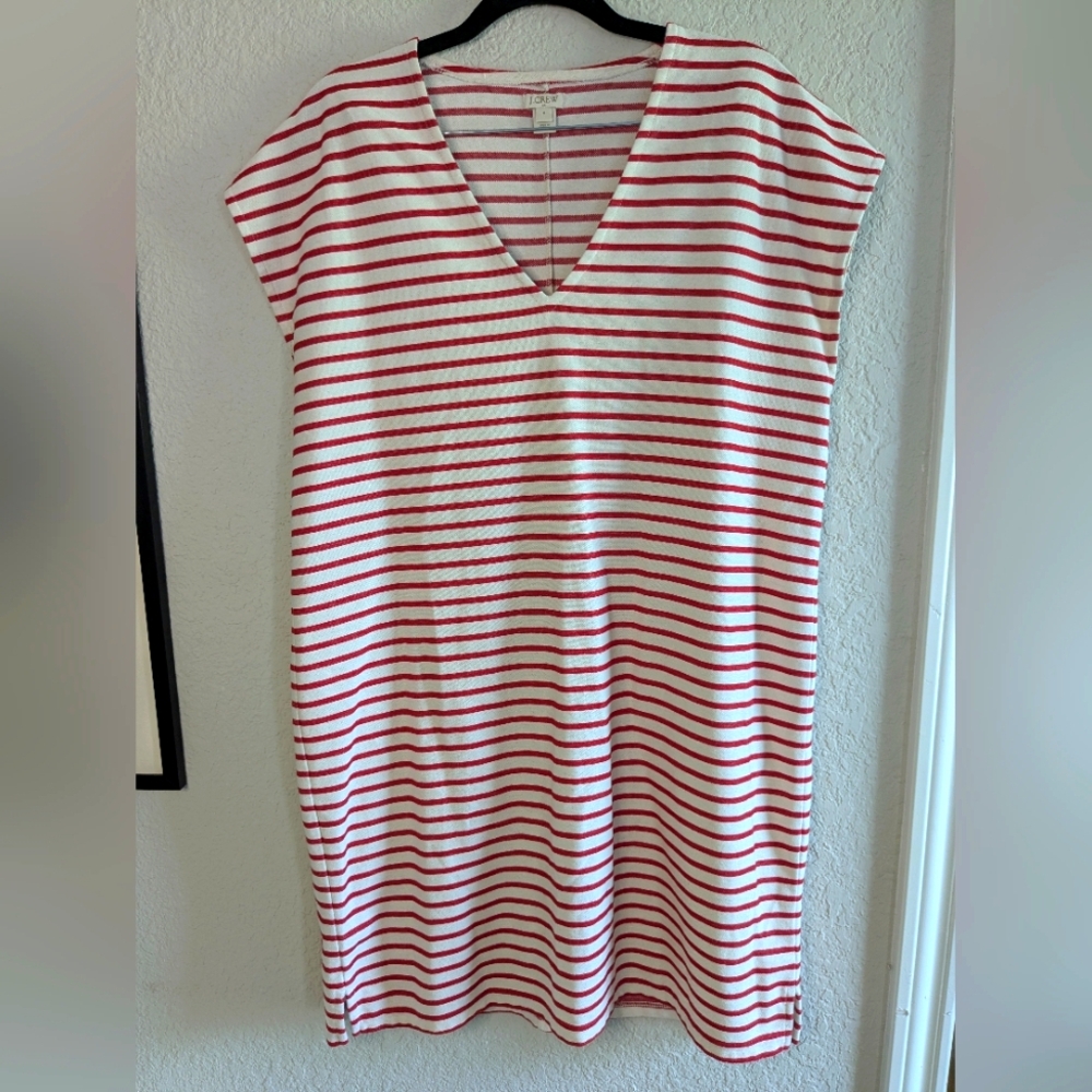 J. Crew Red White Stripe Shift Dress Knee Length Cotton Blend Light Terry Fabric